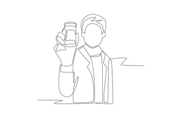 Pharmacist holding a compounded medicine. Pharmaceutical companies concept one-line drawing