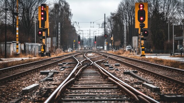 Converging Railway Tracks at Junction with Signals