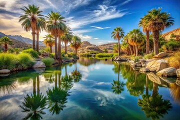 Fototapeta premium Desert oasis with palm trees and rocky shore of lake in the desert