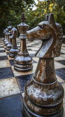 a close up of a chess board made of metal. The black side is made from black granite. The white side is made of steel 