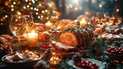 A festive table set for Christmas or New Year's Eve dinner. In the background is holiday décor. The table is decorated with rosemary and fir sprigs