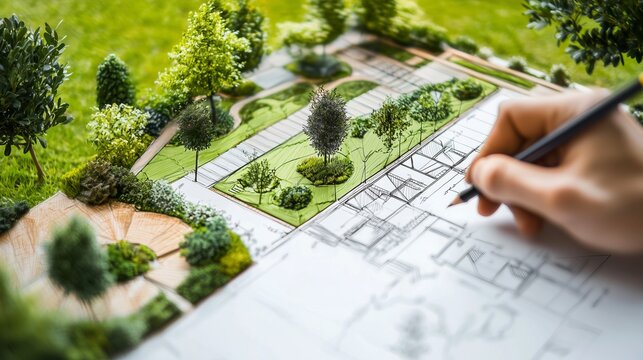 Hand drawing garden plan with trees, pathways, and green spaces, symbolizing landscape design creativity.