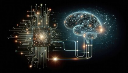 Obraz premium Machine Learning and Neural Network Concept: Converging Data Streams Forming a Circuit-Based Brain, Representing AI Processing, Data Transformation, and Advanced Decision-Making