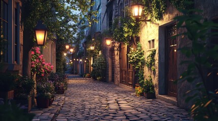 Fototapeta premium Serene Evening Stroll in a European Alleyway