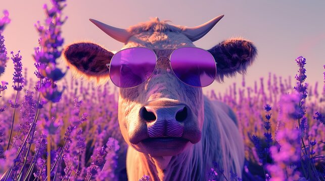 Chic shining of a cow donning a glases set over a vivid lavender backdrop