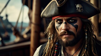 Fototapeta premium Pirate with Eye Patch and Traditional Pirate Hat