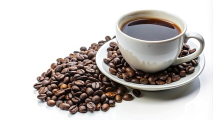 kona coffee cup with bean on white background at a tilted angle