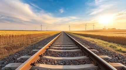 Fototapeta premium Scenic Railway Tracks Through Open Fields at Sunset