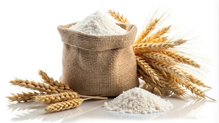 Flour bag and spikelets isolated on white background