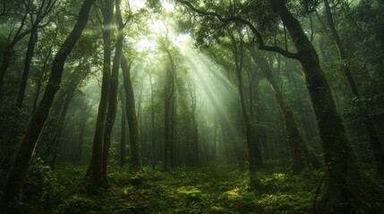 Obraz premium Sunbeams Piercing Through a Misty Forest