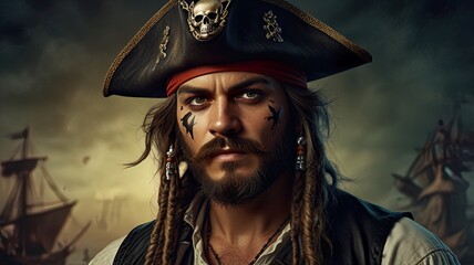 Fototapeta premium Pirate with Skull and Crossbones Hat and Bushy Beard