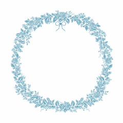 Beautiful floral frame clipart in toile de jouy line art style. Hand drawn flower composition illustration. Vintage retro floral wreath.