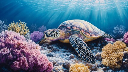 Fototapeta premium Vibrant Sea Turtle Among Colorful Coral Reefs