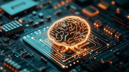 Glowing digital brain emerging from a circuit board, neon lights illustrating AI and the evolution of technology