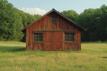 Obraz premium Rustic Wooden Cabin with Double Doors and Windows in a Field