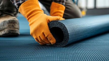 Industrial scene with EPDM rubber sheets in focus, gloved hand rolling out the membrane, highlighting roofing technology