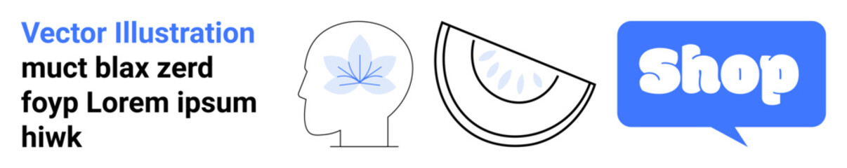 Head with a leaf symbol, a piece of watermelon, and a speech bubble with the word Shop. Ideal for wellness, nutrition, mental health, e-commerce, and digital communication. Banner for landing page