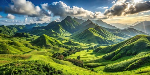 Fototapeta premium Landscape and mountain range with green hills, grass, vegetation Close-Up