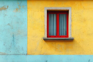A Single Red Window on a Multicolored Wall