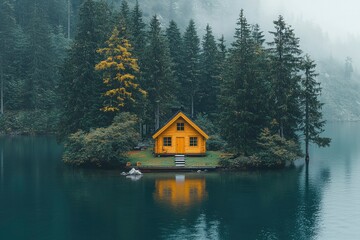 Fototapeta premium A Wooden Cabin on a Small Island in a Foggy Lake Surrounded by Trees