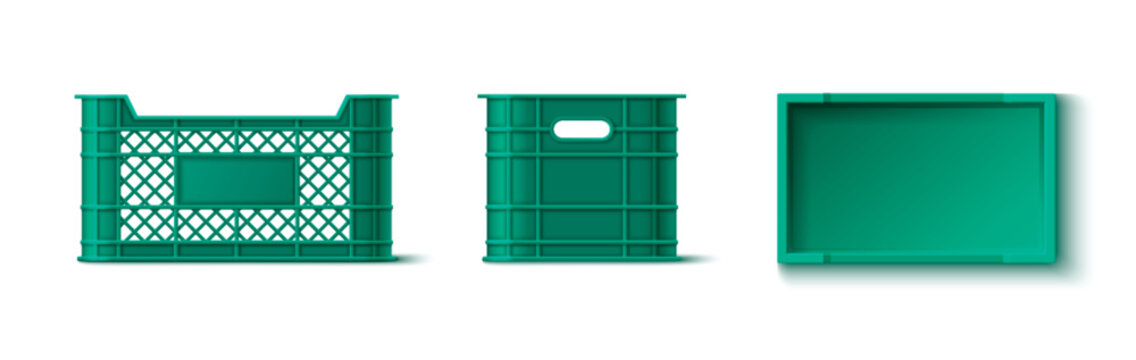 Plastic crate mockups set isolated on white background. Vector realistic illustration of green boxes for fruit and vegetable storage, warehouse equipment, shop goods baskets, transportation containers