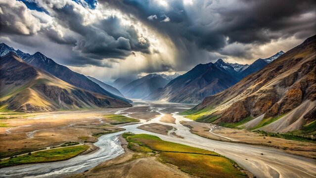 Landscape in Naran Kaghan with mountains, heavy clouds, dried river, high angle view