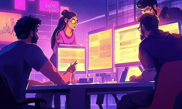 Group of developers collaborating in modern tech workspace illustration cartoon with ai generated.

