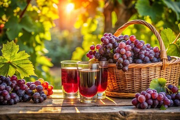 Fresh Grape Juice in Glasses Surrounded by Juicy Grapes in a Basket - Perfect for Refreshing Summer Drinks