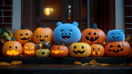 Obraz premium 3D Illustration: Halloween Pumpkins and Fuzzy Friends