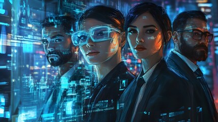 Fototapeta premium Genetically Enhanced Sales Professionals Captivating Customers in Futuristic Corporate Setting