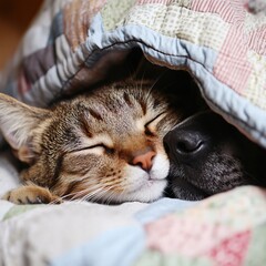 Cat and dog snuggled together under a cozy blanket, sharing warmth and affection.