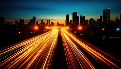 Obraz premium City skyline at dusk with vibrant light trails from moving vehicles on a busy highway.