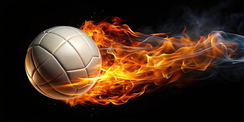Fototapeta premium Flying volleyball with fire isolated on a black background with depth of field