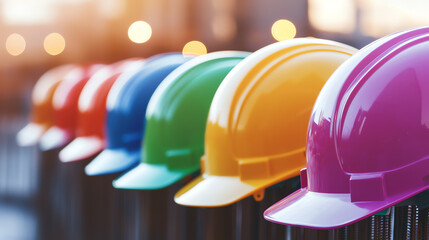 Close-up of a row of colorful hard hats neatly lined up at a construction site, bokeh lights in the background, focus on vibrant helmets, industrial setting, soft lighting