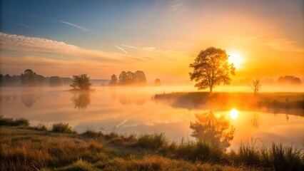 Naklejka premium foggy sunrise over field and lake silhouette