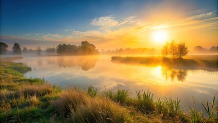 Foggy sunrise over field with lake