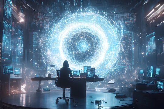 Interdimensional Innovation Hub Exploring Boundless Creative Possibilities in Sleek Minimalist Workspace with Floating Holographic Displays