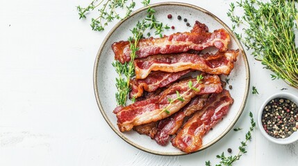 Crispy Bacon Strips with Fresh Herbs on a Plate