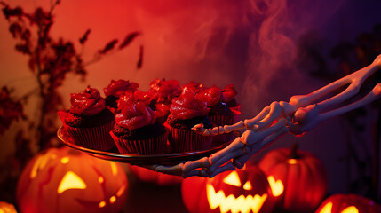 Skeleton hand holding a platter of blood-red cupcakes, glowing jack-o'-lanterns in the background 