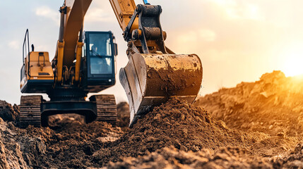 Close-up of an excavator breaking ground at a construction site, with dirt cascading from the bucket - obrazy, fototapety, plakaty