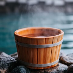Wooden hot tub beside water, steam rising, rustic, tranquil, ideal for relaxation.