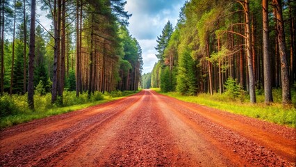 Obraz premium Empty red gravel road through forest landscape