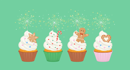 Set of Christmas cupcakes with sparklers on green background. Holiday baking with winter decor. Vector cartoon illustration of festive sweet muffins.