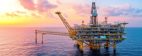 Offshore oil platform with modern technology, pipeline systems extending into the sea, vibrant sunset colors, drone shot from above capturing both the rig's scale and technological