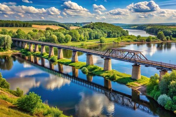 Fototapeta premium landscape photography of the Volkhov River with railway bridge