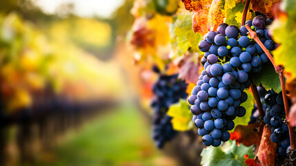 Obraz premium A captivating image of a vineyard in autumn, with grapes ready for harvest and leaves changing colors.
