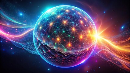 Fototapeta premium Dynamic neon energy sphere with radiating particles and intricate wave patterns in a cosmic void Tilted Angle