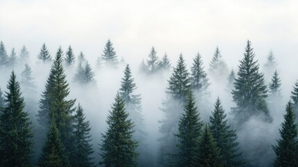 Obraz premium A serene, misty forest landscape with evergreen trees shrouded in fog, creating a tranquil and atmospheric setting.