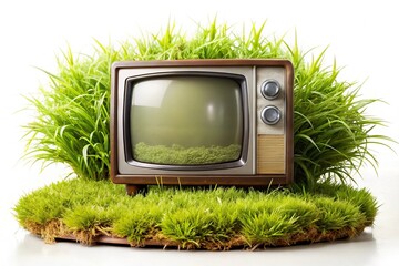 Landscape with green plants illuminated Retro TV on the Grass on White Background Macro