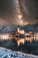 Church on Lake Under Stars